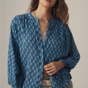 Pilcro Blue Blouse with White Leaf Design